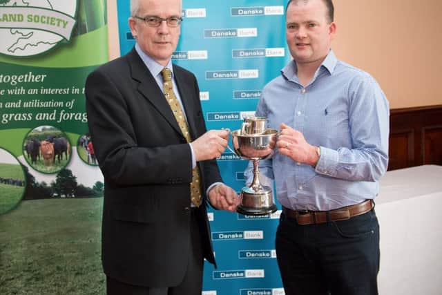Alan Wallace, Antrim, overall winner of the Grassland competition with John Henning Danske bank, sponsor.