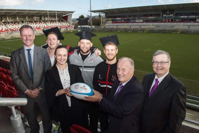 Pictured launching the programme is Dunbia Graduate, Julie Frazer from Omagh with Dunbia Executive Director, Jack Dobson (r), Dunbia Deputy Executive Director, Tony ONeill. Dunbia HR Director Steve Beck (l) and Ulster Rugby players, Craig Gilroy, Dan Touhy and Chris Henry. Julie is currently a Technical Graduate involved in providing technical support to sites to ensure they meet technical audit standards.