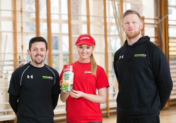 Pictured is Fionnbharr Toolan of Ironfit Belfast, Leanne McDowell and Niall Greenan of Ironfit Belfast the oat-fficial launch of the Slims Healthy Kitchen and Ironfit Primal Movement fitness workshops powered by Flahavans Porridge