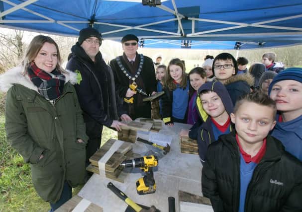 Bird box building with Ballymena Primary School, Ecos Nature Park, Friday 29th January. Alison Diver, Mid & East Antrim BC Growing Communities Officer, Chris Wood (The Conservation Volunteers) and Councillor Billy Ashe pictured