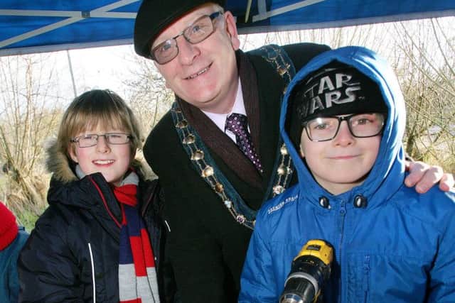 Mayor Councillor Billy Ashe with Joel Patterson and Thomas Wylie, bird box building Ecos Nature Park, Friday 29 January