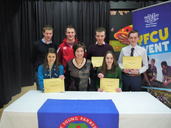 Pictured are Amy Clements, Seskinore YFC, Kyle Sawyers, Seskinore YFC, Alan Fleming, Cappagh YFC, Ross Beattie, Finvoy YFC, James Purcell, Dungiven YFC and Christina McCollam, Lylehill YFC who won first place in their repective age categories. They are pictured with YFCU President Roberta Simmons