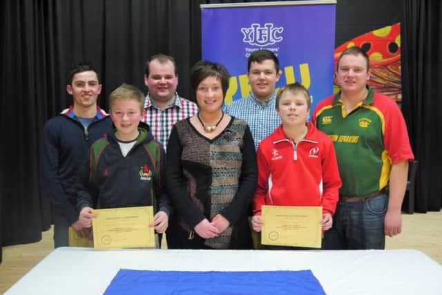 Pictured are Henry Thompson, A&M YFC, Connor Woods, A&M YFC, Philip Beattie, Finvoy YFC, Ian Walker, Collone YFC, Adam Wilson, Cappagh YFC and Benjamin Allen, Collone YFC who won second place in their respective age categories.  They are pictured with YFCU President Roberta Simmons