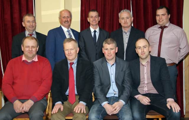 NI Simmental Cattle Breeders' Club chairman Richard Rodgers, centre back, is pictured with sponsors at its annual dinner.Back row, from left: Andrew Tecey, Danske Bank; Nigel Glasgow, Millburn Concrete; Kevin McAnenly, Bimeda; and Richard Primrose, Bank of Ireland. Front row, from left: Matthew Cunning, Connons General Merchants; Philip Clarke, Merial Animal Health; Eamon McCloskey, Woodcraft Kitchens (Kilrea) Ltd; and Neil Acheson, Animax.