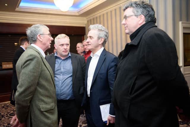 Donegal IFA's Michael Chance and Davy Keith speaking with Paddy Harte, Fine Gael, and Thomas Pringle, Independent, at the Donegal IFA County Executive. PICTURE: Clive Wasson
