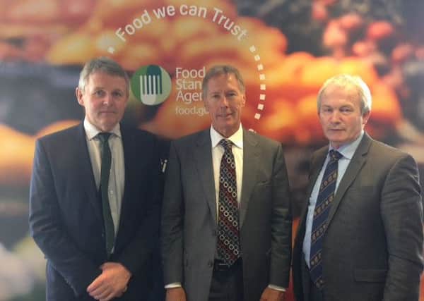 Pictured left to right is Barclay Bell, UFU deputy president, Dr Steve Hathaway, Director of the Science & Risk Assessment Branch of New Zealands Ministry of Primary Industries and Stephen James, NFU Cymru president