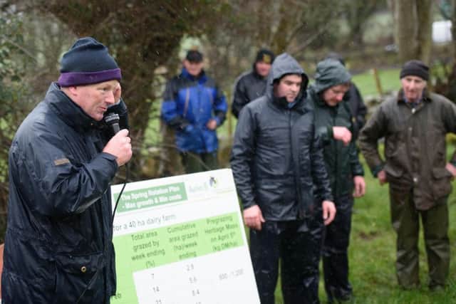 Pat Clarke, Teagasc, speaking at the Teagasc Spring Grassland Farm management walk on the farm of Dan Callaghan, Killygordon on Tuesday. Picture: Clive Wasson
