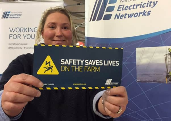 Rachele Glendinning on NIE Networks' stand at the Spring Farm & Machinery Show. The team is at the show giving out advice on how to can stay safe around the electricity network.