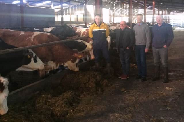 There was huge interest at the recent roadshows held throughout the country by Slatequarry Fleckvieh. Following this the guest speaker visited the Stewart farm in Ballymoney. Pictured from Left to Right:  John Stewart, Dr. Fritz Fyuer, Peter Kreuzhuber and Ian Stewart.