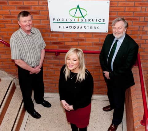 Agriculture Minister Michelle O'Neill officially opens Forest Service's new Headquarters in Enniskillen following the relocation from Belfast as part of the Minister's wider decentralisation process. Minister O'Neill is pictured with Kevin Dolan (left), who has been working with Forest Service for 42years, and Malcolm Beatty (right), Chief Executive of Forest Service.  Photo Andrew Towe, Parkway Photography