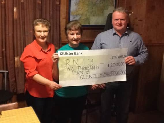 Left to right: Pearl Feathers, Glennelly Sheepdog Society Secretary; Agnes Mullan, RNIB Community Access Support Worker and Damien McSwiggan, Chair of Glennelly Sheepdog Society.