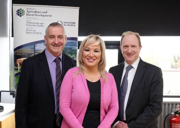 Minister of Agriculture and Rural Development, Michelle ONeill has announced that compulsory testing for Bovine Viral Diarrhoea (BVD) virus in new-born calves came into effect on 1 March 2016. Pictured from left-right are; Mr John Thompson, Chair of Animal Health Welfare NI (AHWNI), Minister Michelle O'Neill MLA and Dr Sam Strain, CEO of AHWNI.