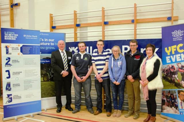 Third place in the quiz were Spa YFC team. The team included Hannah Shaw, George Shaw, James Carlisle and David Young. They are pictured with Michael Stewart, Ulster Bank, and Roberta Simmons, YFCU president and quiz master for the evening