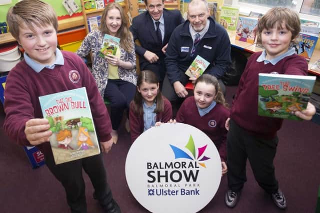 (Back row) Alma Jordan, Founder of AgriKids; Cormac McKervey, Ulster Bank Senior Agriculture Manager and Brian Monson, Deputy Chief Executive, Health and Safety Executive Northern Ireland are pictured launching a farm safety competition in Andrews Memorial Primary School in Comber alongside primary 6 pupils Michael Gabbie, Sarah Corken, Luke Ritchie and Ruby Donaldson. 
Young people aged 7-16 are being invited to submit ideas for a story illustrating the potential dangers on a farm and how to stay safe, with the winning 4 entries to be published into a book of short stories that will be launched at this year's Balmoral Show. Further information and full details are available at: www.balmoralshow.co.uk