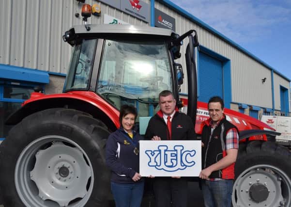 Pictured at Alan Milne Tractors, Massey Ferguson Dealership in Caryduff, Co Down, are YFCU president Roberta Simmons, Stuart Williamson, Mountnorris YFC and Massey Ferguson sales advisor and Sean McAvoy, Massey Ferguson Field Support Specialist, to announce Massey Fergusons Sponsorship of the YFCU AGM and conference