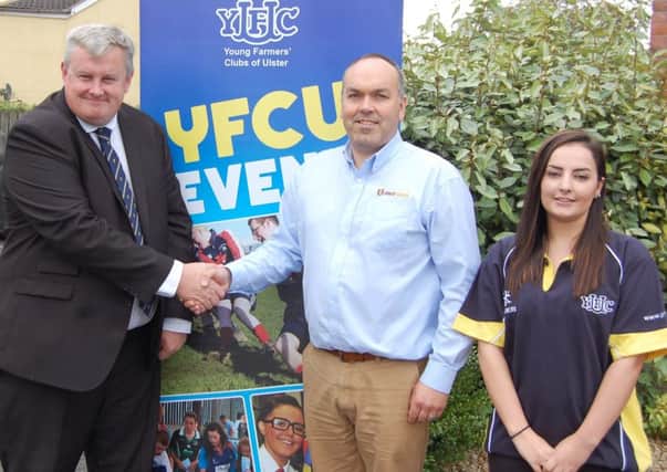 Young Farmers Clubs of Ulster CEO Michael Reid is pictured with Clarence Calderwood from United Feeds who are once again sponsoring the YFCU Member of the Year competition. Also pictured is Corrina Fleming, YFCU Events Co-Ordinator.