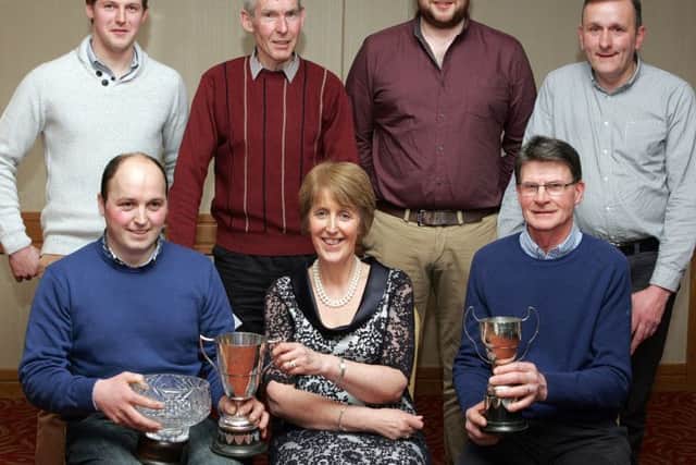 Prizewinners in the Fermanagh Grassland Club's annual Vaughan Trust sponsored Grazing Competition.  They are (front, from left) Matthew Alcorn, overall winner and winner of the Stevenson Cup for first place in the Dairying Section; Margaret O'Malley, Vaughan Trust; Tim Carson, winner of the Todd Cup for 1st place in the Beef Section (back row) Christopher Brady (3rd place Dairying Section); George Graham (2nd place Dairying Section); Jason Elliott (2nd place Beef Section) and Roy Mayers (3rd place Beef Section).
