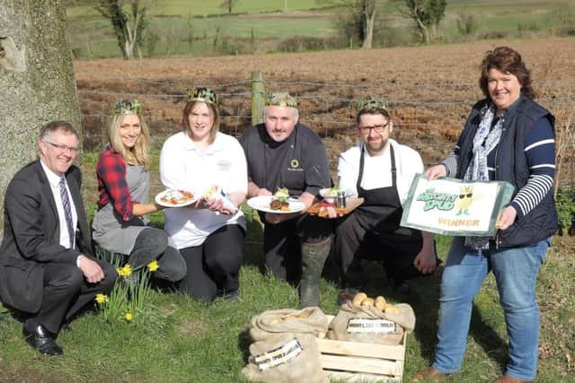 Ivor Ferguson, UFU Deputy President and Chef Paula McIntyre are pictured alongside the four winners of the 2016 Mighty Spud Awards. 
(L-R): Ivor Ferguson alongside Jenny Curran from Tony and Jen's, Belfast who picked up the accolade for Mightiest Healthy Potato Dish, Angela Morton from Mortons, Ballycastle which won Mightiest Chip in Northern Ireland, Simon Dougan, The Yellow Door, Portadown is honoured with serving the Mightiest Innovative Potato dish in the province and Adam Harding, Chef at The Hillside Bistro, Hillsborough won Mightiest Mash. Also pictured is Chef Paula McIntyre who led the judging panel for the inaugural awards.  Pictures: Cliff Donaldson)
