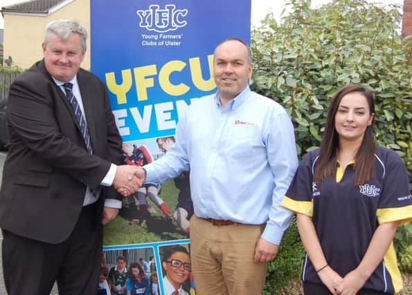 Young Farmers Clubs of Ulster CEO Michael Reid is pictured with Clarence Calderwood from United Feeds who are once again sponsoring the YFCU Member of the Year competition. Also pictured is Corrina Fleming, YFCU Events Co-Ordinator.