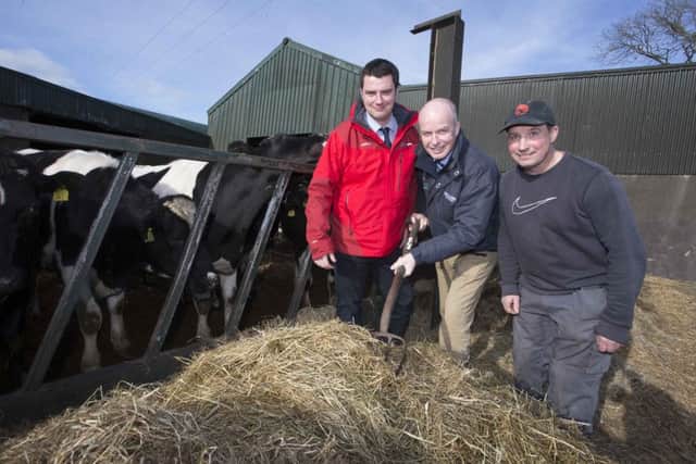 Raymond Bready from Thompson Feeds, centre, graips great quality winter feed on the Derrylough, Banbridge farm of Jim Crothers, right, who produces haylage and silage using Volac Ecosyl DA Ecobale additive.  Noel McGrath, Volac forage specialist, noting that Ecosyl additives are the nations favourite for very good reason. Distributed by Thompson Feeds they are easy to apply when aiming to make consistently good silage and haylage.