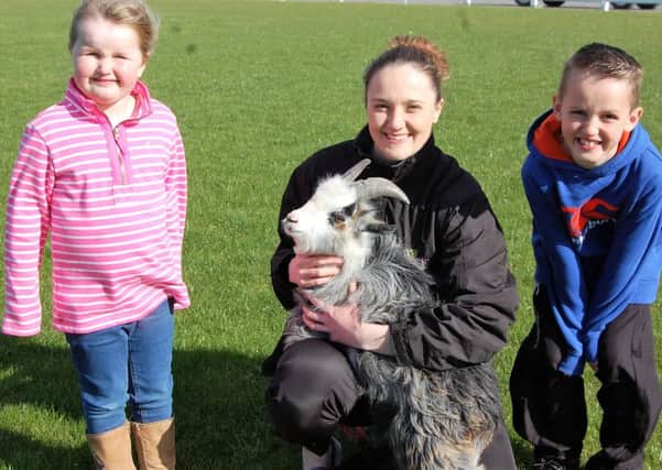 Looking forward to this year's Saintfield Show, taking place at Balmoral Park on Saturday June 18th l to r: Katie Meharry, Saintfield; Emma Moulds, Lisburn, Douglas the pygmy goat and Ryan Meharry, Saintfield