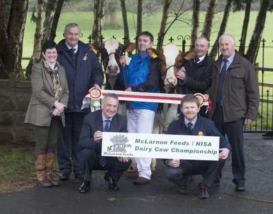 Pictured at the launch of the 2016 McLarnon Feeds/NISA Dairy Cow Championship to be held at Clogher Valley Show are (standing l-r) Ruth Montgomery (Clogher Valley Show Secretary), Harold Stevenson (McLarnon Feeds), Alan Irwin, Tommy Irwin, Guy Kirkpatrick (Vice Chairman & Chief Steward Clogher Valley Show) and (kneeling l-r) Colin McDonald (RUAS Chief Executive) and David Mawhinney (McLarnon Feeds).