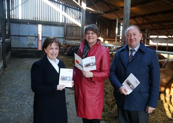 First Minister Arlene Foster pictured this morning at the launch of the DUP Agri Food Sector policy along with Diane Dodds MEP and William Irwin.