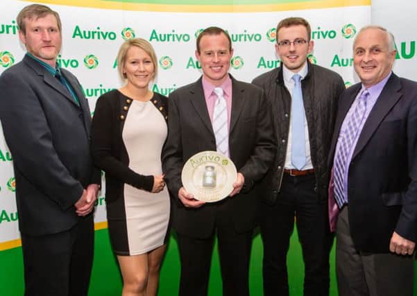Eight Aurivo milk suppliers from seven counties were recognised for their excellence in milk production at Aurivos 9th annual Milk Quality Awards hosted in the Clarion Hotel in Sligo. The Milk Quality Awards identify and reward Aurivo milk suppliers who exemplify excellence in milk quality. Matt Millar from Randalstown, Co. Antrim was recognised as the Best Performing Northern Ireland Supplier at the awards. Pictured at the ceremony, from left to right: Billy McMahon, Aurivo Board Member; Emma Millar; Matt Millar; Richard Gibson; David Nesbitt, Aurivo Farm Services in Northern Ireland.
