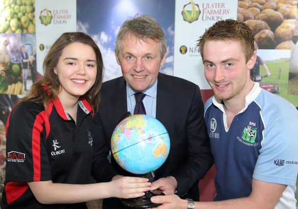 Pictured at the announcement of the sponsorship are Hannah Kirkpatrick from Kilraughts YFC and Matthew Patterson from Spa YFC who have received places on the 2016 YFCU Exchange Programme, alongside UFU President Barclay Bell.