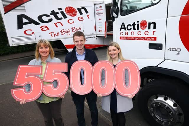 Action Cancer patron Nuala McKeever is encouraging Balmoral Show-goers to take stock of their health alongside SuperValus Rory Sheridan and Action Cancers Gillian Thomson.