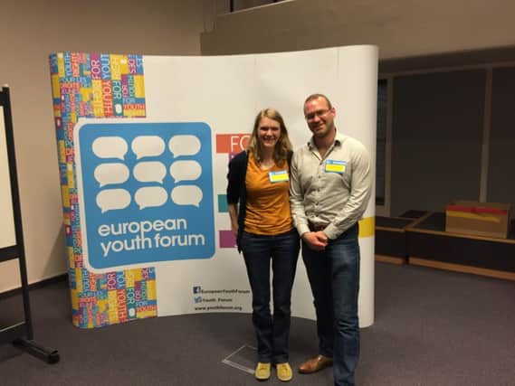 Rural Youth Europe representative Geoff Thompson with Veronika Nordhus (International Movement of Catholic Agricultural and Rural Youth).
