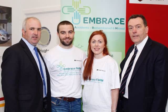 Pictured at Embrace Farm launch on the UFU stand at Balmoral Show. From left: Brian Rohan, founder, Embrace Farm; Emmett Haughian, Sinead McLaughlin, award winning Tyrone Ladies GAA footballer and George Mullan, ABP NI. Photograph: Columba O'Hare