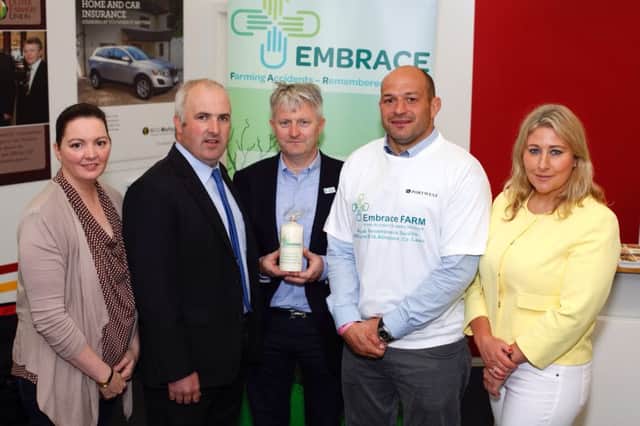 Pictured at Embrace Farm launch on the UFU stand at Balmoral Show. From left: Norma and Brian Rohan, founders, Embrace Farm; Eoin Ryan, ABP; Rory Best, Captain, Ireland Rugby Team and Dr Vanessa Woods, CEO, Agri Aware.  Embrace Farm have an Ecumenical Remembrance Service for bereaved farm families on 25 June in Abbeyleix. Photograph: Columba O'Hare