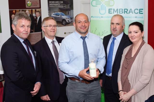 Pictured at Embrace Farm launch on the UFU stand at Balmoral Show. From left: Barclay Bell, President, UFU; Ivor Ferguson, Deputy President, UFU; Rory Best, Ireland Rugby Captain and Brian and Norma Rohan, founders, Embrace Farm.  Embrace Farm have an Ecumenical Remembrance Service for bereaved farm families on 25 June in Abbeyleix. Photograph: Columba O'Hare