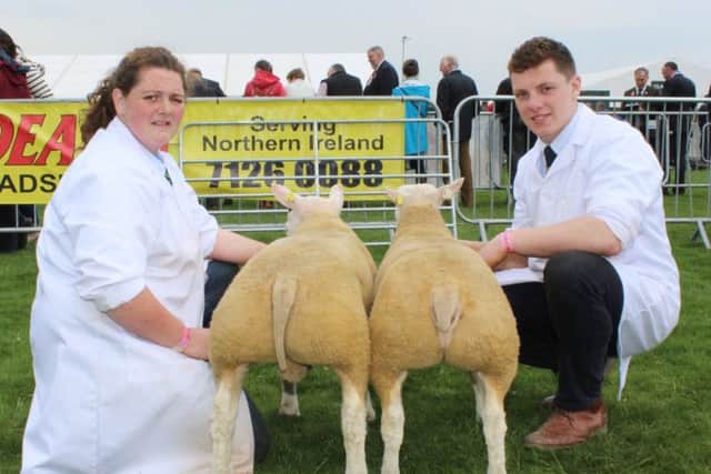 Elizabeth McAllister and David Fullerton from the Artnagullion Flock, Kells, with the best pair of Beltex lambs born in 2016.