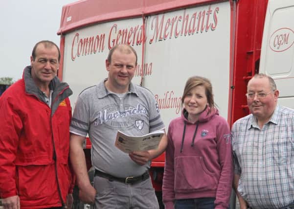 Looking over the catalogue for the  NI Simmental Club's evening show and sale at Ballymena Mart on 25th May are, sponsor Stephen Buick, Edenvale Simmental Herd; chairman Matthew Cunning; and Teresa and John Connon, Connon General Merchants. Picture: Julie Hazelton