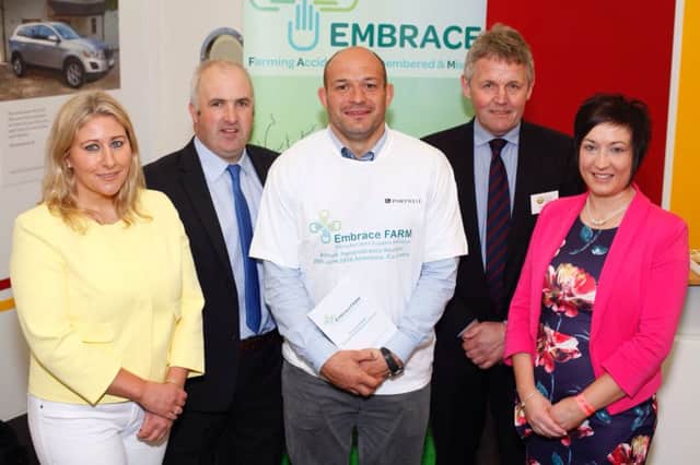Pictured at Embrace Farm launch on the UFU stand at Balmoral Show. From left: Dr Vanessa Woods, CEO, Agri Aware; Brian Rohan, founder, Embrace Farm; Rory Best, Captain, Irish Rugby Team; Barclay Bell, President, UFU and Roberta Simmons, President, YFCU.  Embrace Farm have an Ecumenical Remembrance Service for bereaved farm families on 25 June in Abbeyleix. Photograph: Columba O'Hare