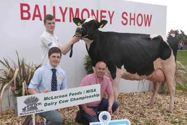 Mark Henry, Stranocum, with Glamour Iota Ambrosia VG87, the first of two cows from the Henry familys Mostragee Herd to qualify at Ballymoney Show for the 2016 McLarnon Feeds/NISA Dairy Cow Championship.  Congratulating Mark on his achievement are Michael Stewart, McLarnon Feeds, and Clarence Calderwood, NISA.