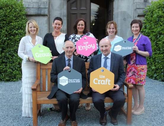 Celebrating the Northern Ireland Year of Food & Drink 2016 - Robert Dick Chairman of Northern Ireland Shows Association with Show Chairman Francis McAlinden, Show Patron Karen Patterson, Show Secretary Jackie Fitzpatrick, NMDC Vice Chair Gillian Fitzpatrick, Show Vice Chair Fiona Patterson, YFCU President Roberta Simmons