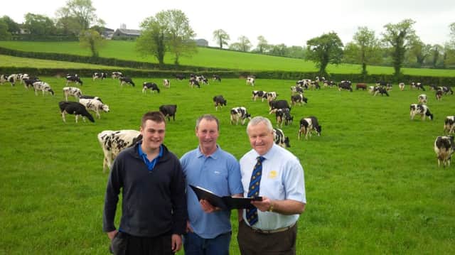 William and John Gamble, Donaghcloney, discuss their herd performance with Harold Stevenson, Ruminant Sales Manager at McLarnon Feeds.  The Taughlumny Herd has a rolling herd average of 8,947 litres/cow with 4,386 litres coming off forage.