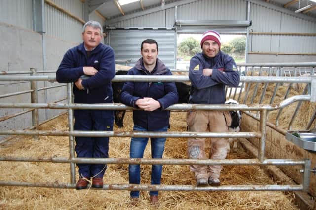 Teemore Engineering's Fergal Quinn (centre) chatting to Michael and Stephen Savage in the new cattle shed, which was fitted out by the Co Fermanagh engineering company