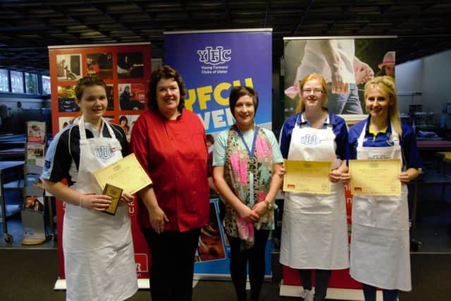 Winner of the Junior Category in the YFCU Home Management Final 2016 is Emma Rodgers from Spa YFC; judge and chef Paula McIntyre; Roberta Simmons YFCU President; second place winner Ashleen Agnew from Randalstown YFC and Megan Agnew from Glarryford YFC, third place winner.