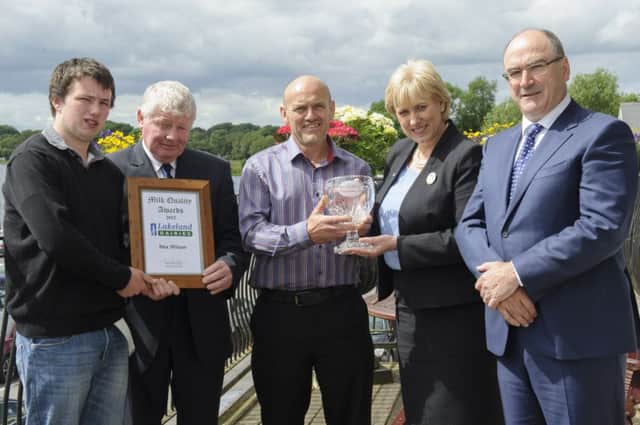 Dairy farmer Rex Wilson and his son Conor, Cookstown, Co Tyrone are the Overall Winners of the Lakeland Dairies Northern Ireland Milk Quality Awards for the exceptionally high quality of milk supplied from their farm to Lakeland Dairies.  Pictured left to right are Conor Wilson; Alo Duffy, Chairman of Lakeland Dairies; Rex Wilson; Heather Humphreys, ROI Minister for Regional Development and Rural Affairs (who presented the awards) and Michael Hanley, Group CEO of Lakeland Dairies.