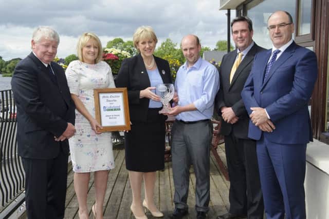 Dairy farmers Albert and David McCrea, Newtownstewart, Co Tyrone, were the overall Highly Commended runners-up in the Lakeland Dairies Northern Ireland Milk Quality Awards for the exceptionally high quality of milk that they supply to Lakeland Dairies.  Pictured left to right are Alo Duffy, Chairman of Lakeland Dairies; Heather McCrea; Heather Humphreys, ROI Minister for Regional Development and Rural Affairs (who presented the awards); David McCrea; Colin Kelso, Vice-Chairman and Michael Hanley, Group CEO of Lakeland Dairies.