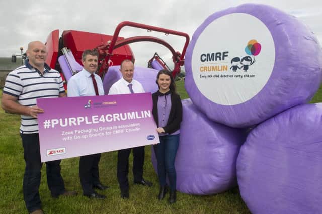 Pictured from left to right at the launch of the Zeus Packaging #Purple4Crumlin charity Balewrap initiative is John Hayes (former Munster and Ireland Rugby Player), John Heaphy (GM ATC Group) ,Gavin McCarthy (Zeus Packaging) and Mary McGrane (CMRF Crumlin).