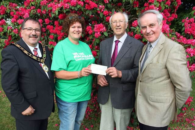 A cheque was presented at the Antrim Agricultural Show launch to MacMillan Cancer representative Jill Stubbs from Fred Duncan, Show Chairman. Included were John Scott, Antrim and Newtownabbey Mayor and James Clements, Show President.