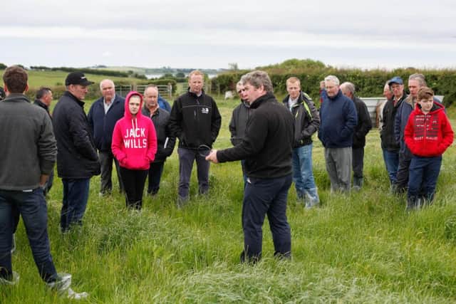 Conail Keown, CAFRE speaking on Grazing Management at the Genus ABS Open Day on Cavan Johnston's Farm at Strangford. Photograph: Columba O'Hare