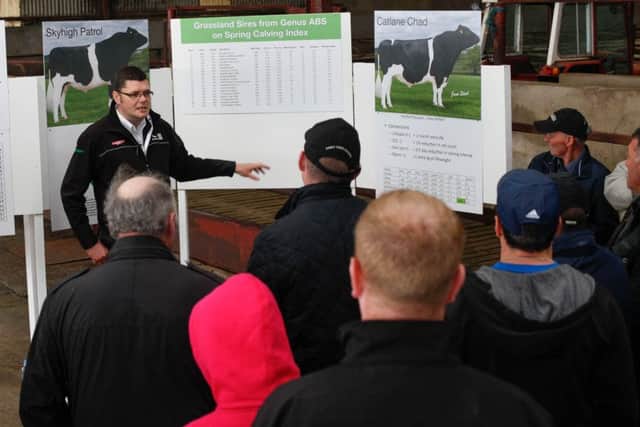 Andrew Rutter, European Sire Analyst, Genus ABS speaking at the Genus ABS Open Day on Cavan Johnston's Farm at Strangford. Photograph: Columba O'Hare