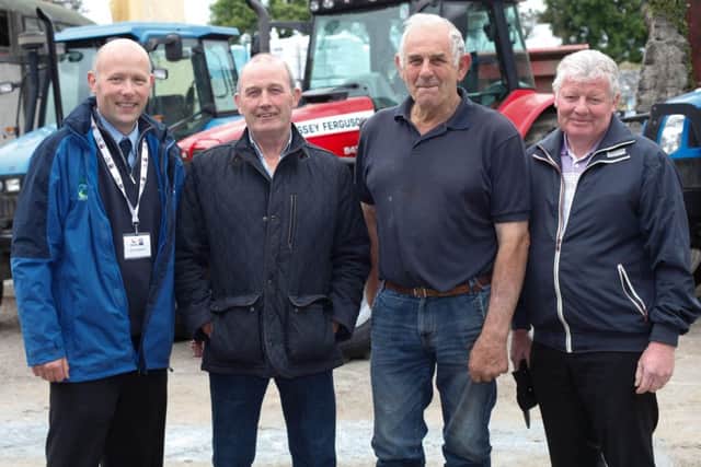 Ervin McKinstry, Genus ABS, left with Harry O'Neill, Dromore, Co Tyrone; Cavan Johnston, host farmer and Alo Duffy, Chairman, Lakeland Dairies at the Genus ABS Open Day on Cavan Johnston's Farm at Strangford. Photograph: Columba O'Hare
