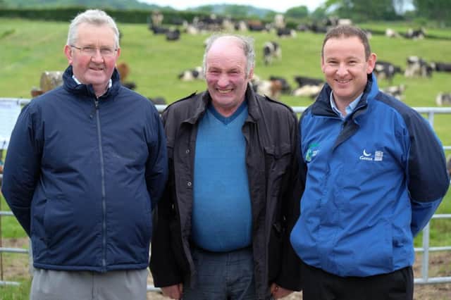 Kenneth McCready and Jim Poot, Hillsborough with Stephen Lavery, Genus ABS at the Genus ABS Open Day on Cavan Johnston's Farm at Strangford. Photograph: Columba O'Hare